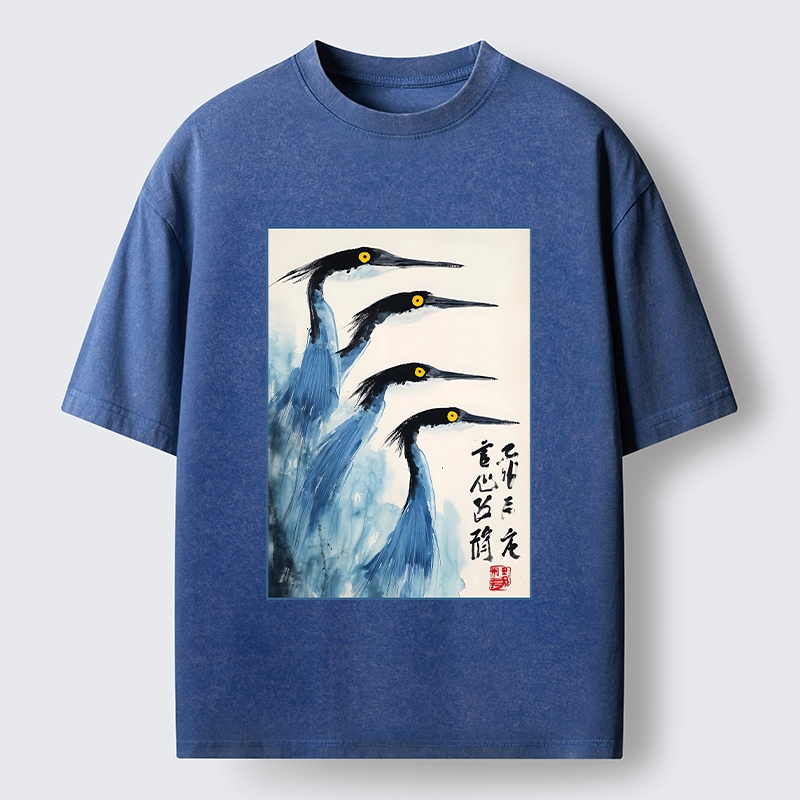 Tokyo-Tiger Brush Strokes Draw Graceful Water Birds Washed T-Shirt
