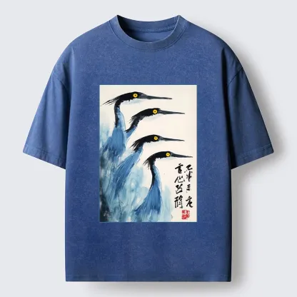 Tokyo-Tiger Brush Strokes Draw Graceful Water Birds Washed T-Shirt
