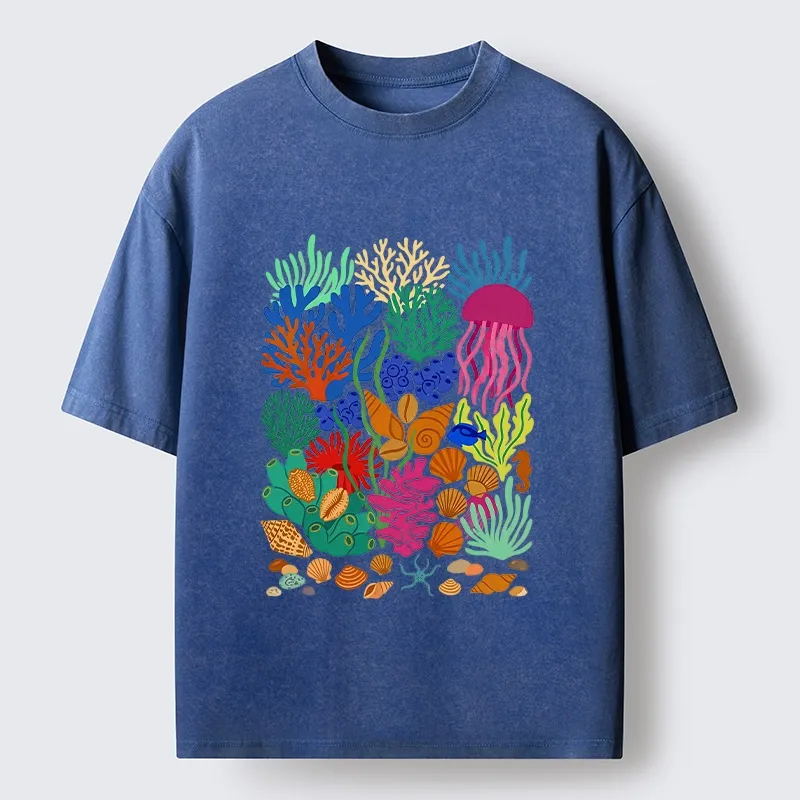 Tokyo-Tiger Bright Sea Garden Full Of Sea Friends Washed T-Shirt