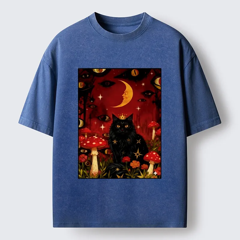 Tokyo-Tiger Mystic Cat Amid Red Spotted Mushrooms Washed T-Shirt