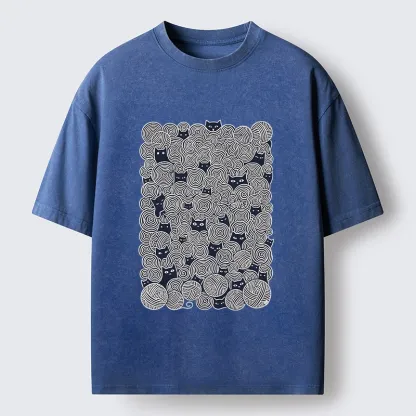 Tokyo-Tiger Tiny Black Cats Hide In Yarn Balls Washed T-Shirt