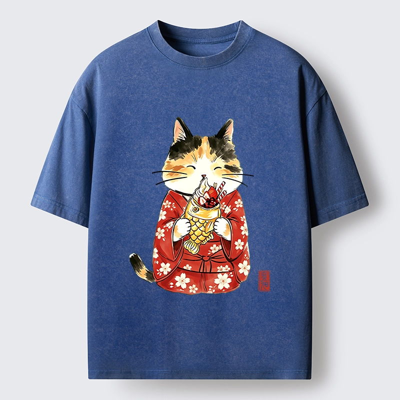 Tokyo-Tiger Enjoying Japanese Taiyaki Washed T-Shirt