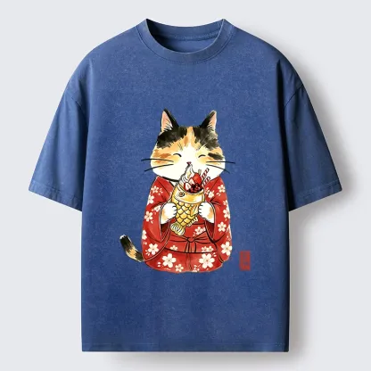 Tokyo-Tiger Enjoying Japanese Taiyaki Washed T-Shirt