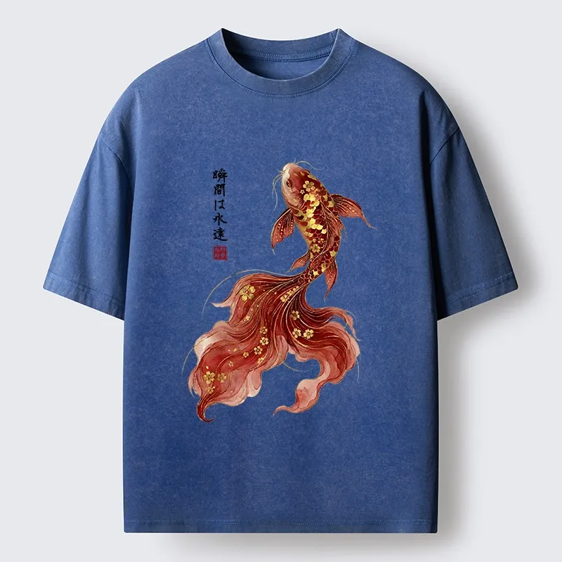 Tokyo-Tiger Golden Sakura Red Koi Ink Art Washed T-Shirt