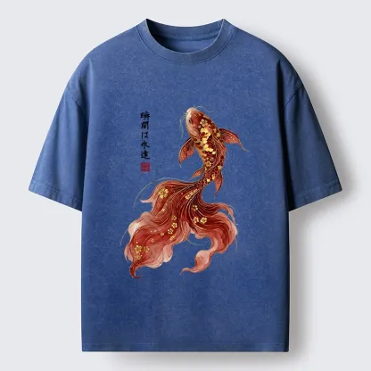 Tokyo-Tiger Golden Sakura Red Koi Ink Art Washed T-Shirt