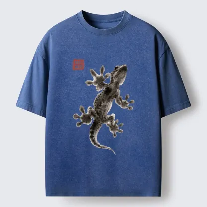 Tokyo-Tiger Minimal Asian Ink Brush Gecko Vibe Washed T-Shirt