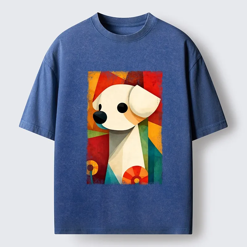 Tokyo-Tiger Retro Abstract Color Block Puppy Art Washed T-Shirt