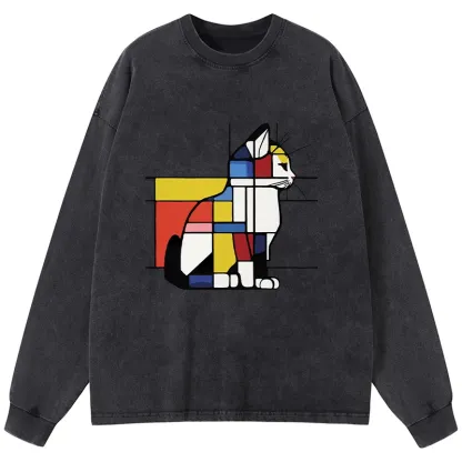 Tokyo-Tiger Geometric Cat Art In Primary Colors Washed Long Sleeve T-Shirt