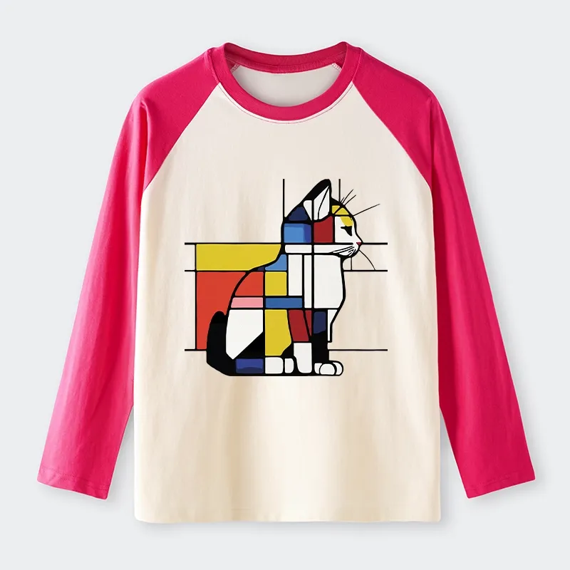 Tokyo-Tiger Geometric Cat Art In Primary Colors Raglan Long Sleeve T-shirt Sale