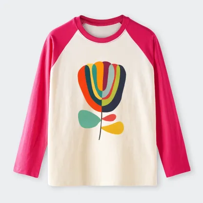 Tokyo-Tiger Colorful Flower Minimalist Print Raglan Long Sleeve T-shirt