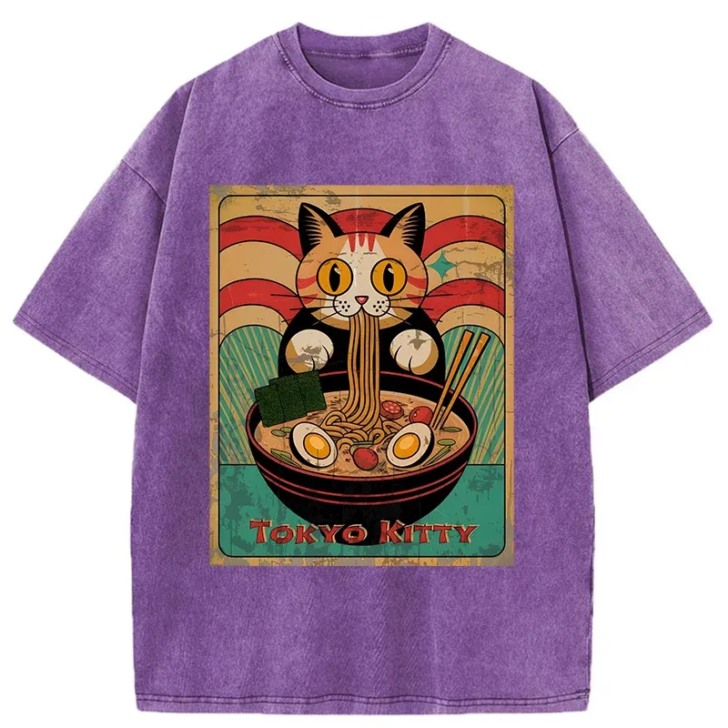 Tokyo-Tiger Retro Cat Eating Ramen Japan Washed T-Shirt
