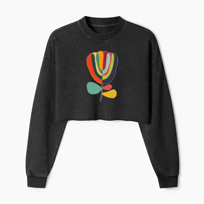 Tokyo-Tiger Colorful Flower Minimalist Print Washed Crop Sweatshirt