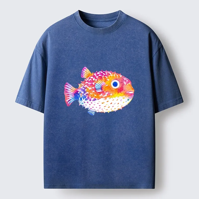 Tokyo-Tiger Rainbow Watercolor Puffer Fish Art Washed T-Shirt