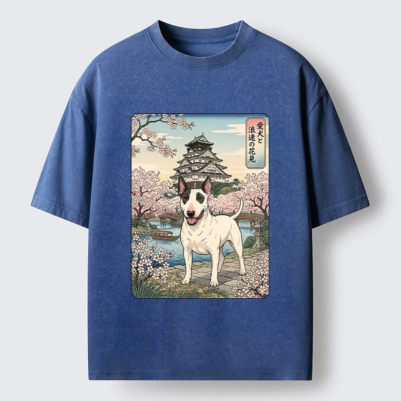 Tokyo-Tiger Ukiyo-e Bull Terrier Cherry Blossom Art Washed T-Shirt