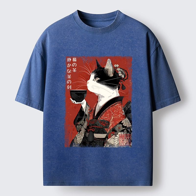 Tokyo-Tiger Kimono Tea Cat Red Vintage Ink Art Washed T-Shirt