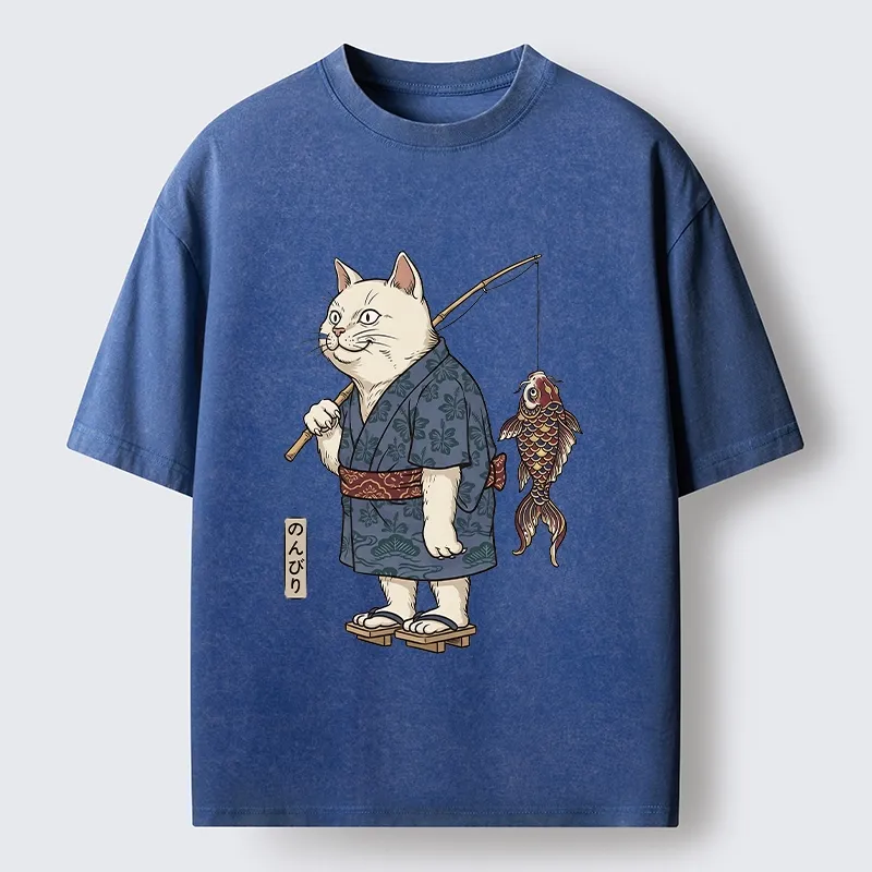 Tokyo-Tiger Kimono Cat Fishing Koi Fish Art Washed T-Shirt