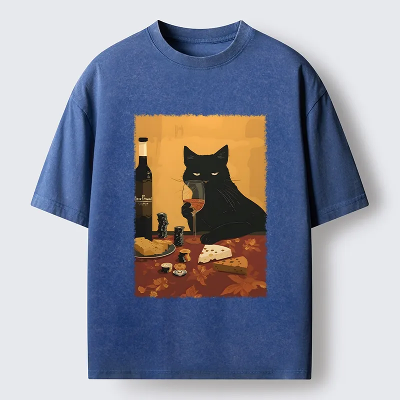 Tokyo-Tiger Chill Black Cat Wine Cheese Art Washed T-Shirt