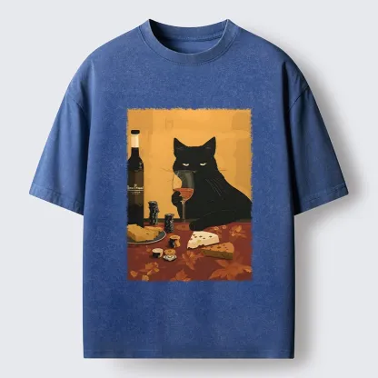 Tokyo-Tiger Chill Black Cat Wine Cheese Art Washed T-Shirt