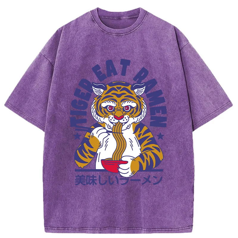Tokyo-Tiger Funny Tiger Eating Ramen Washed T-Shirt