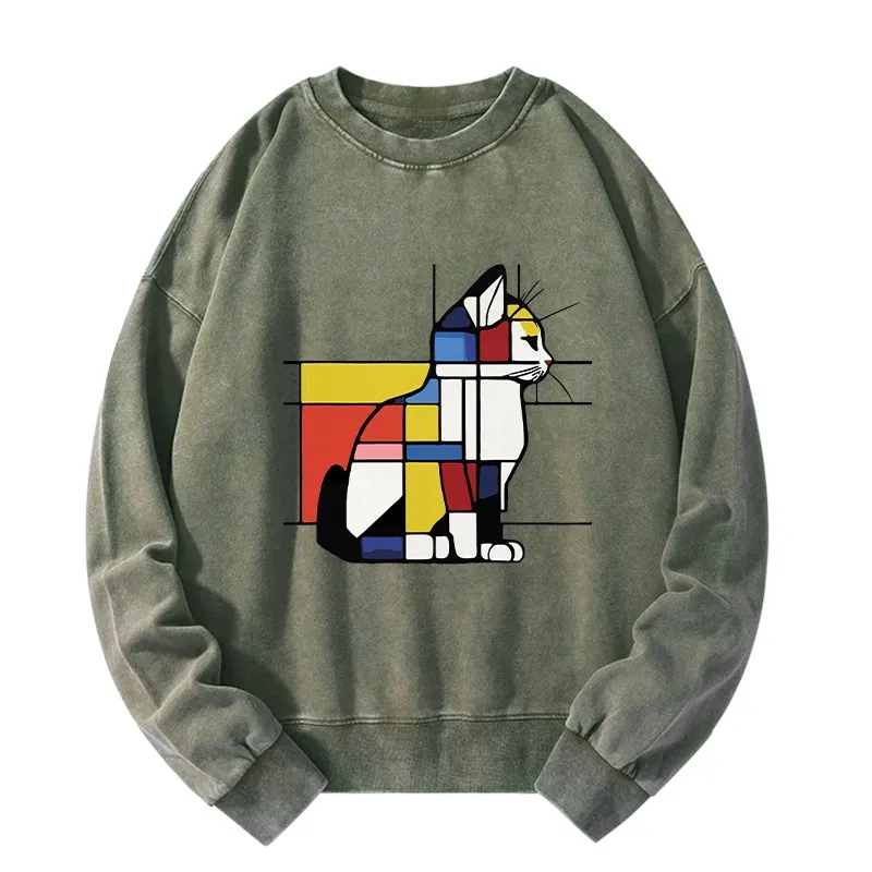 Tokyo-Tiger Geometric Cat Art In Primary Colors Washed Sweatshirt