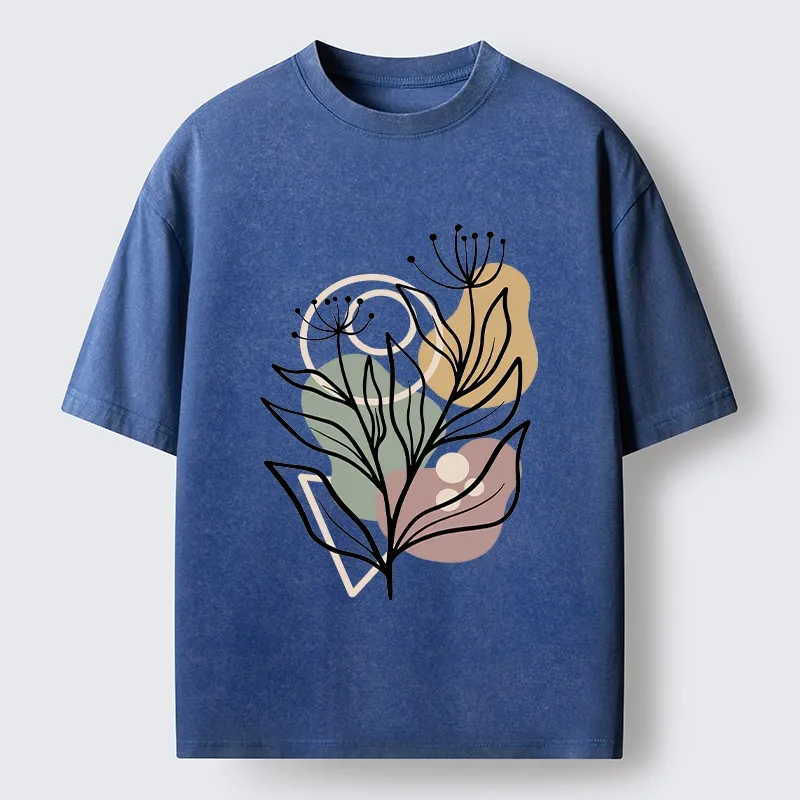Tokyo-Tiger Soft Boho Floral Line Art Washed T-Shirt