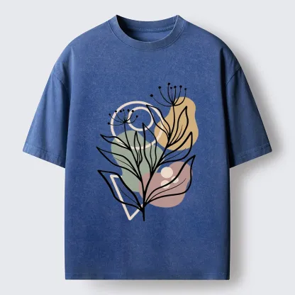 Tokyo-Tiger Soft Boho Floral Line Art Washed T-Shirt