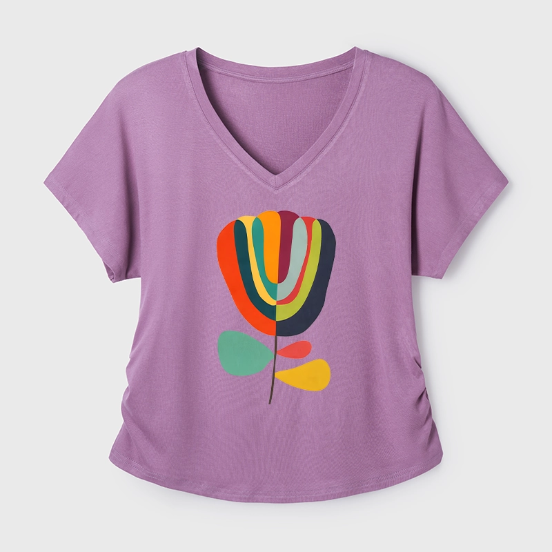 Tokyo-Tiger Colorful Flower Minimalist Print Modal Dolman Sleeve T-Shirt