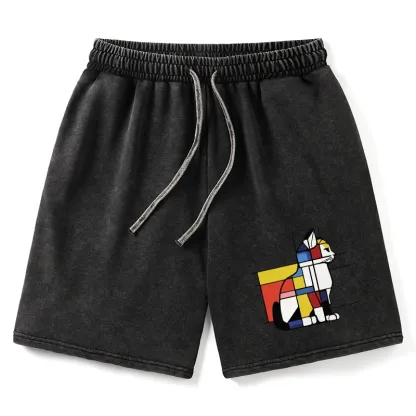 Tokyo-Tiger Geometric Cat Art In Primary Colors Washed Shorts