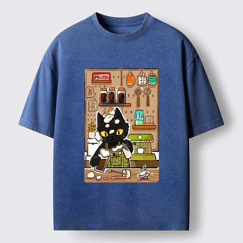 Tokyo-Tiger Black Cat Barista Makes Coffee Foam Washed T-Shirt