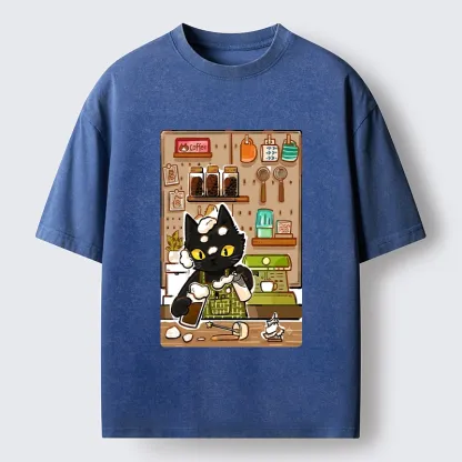 Tokyo-Tiger Black Cat Barista Makes Coffee Foam Washed T-Shirt