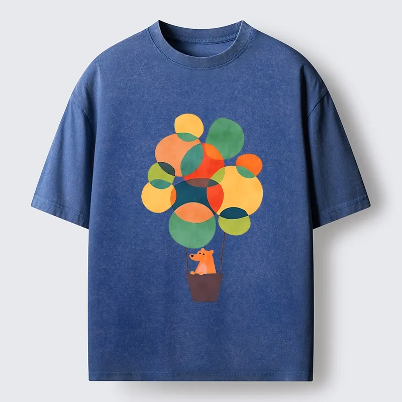 Tokyo-Tiger Bear Rides Colorful Balloon Basket Washed T-Shirt Sale
