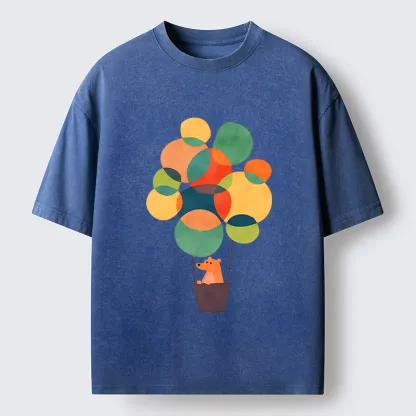 Tokyo-Tiger Bear Rides Colorful Balloon Basket Washed T-Shirt