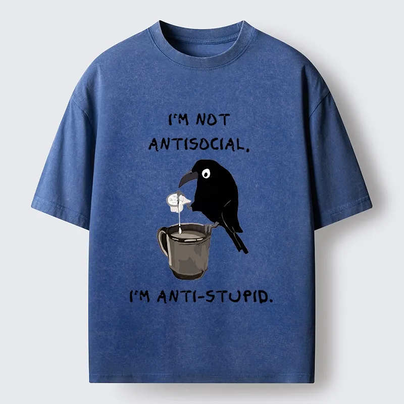 Tokyo-Tiger Cool Crow Sips Calm Coffee Alone Washed T-Shirt
