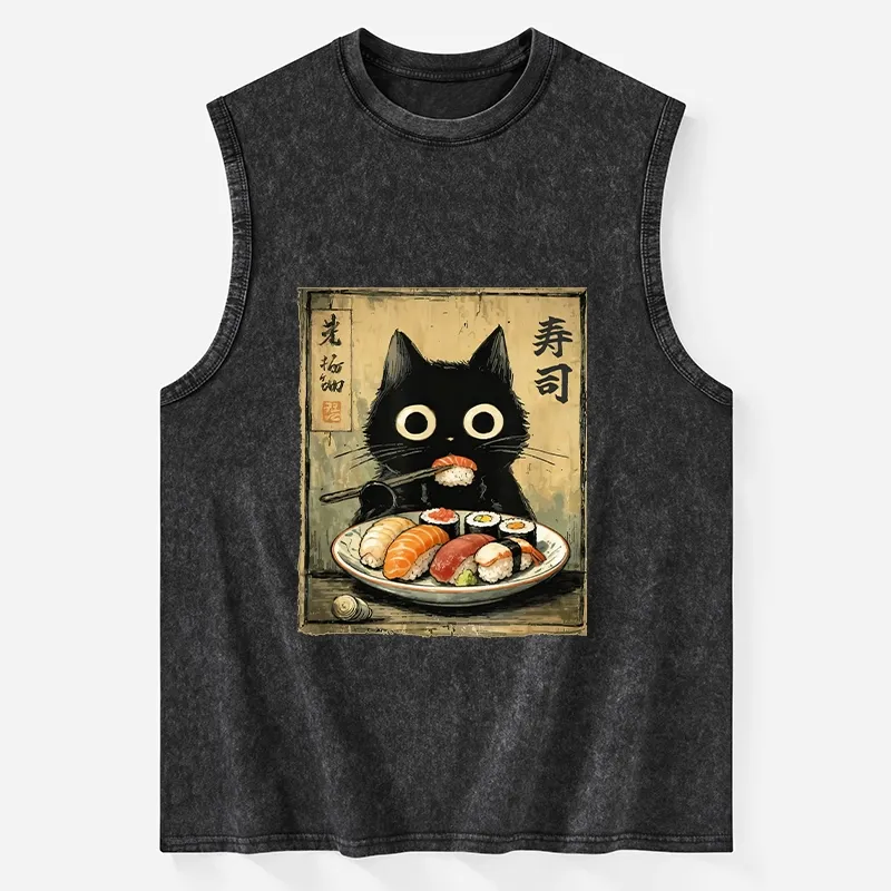 Tokyo-Tiger Vintage Japanese Sushi Cat Washed Tank Sale