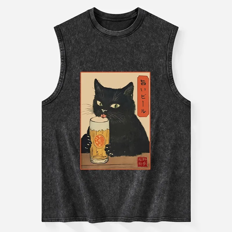 Tokyo-Tiger Cat Holding A Glass Of Beer Washed Tank