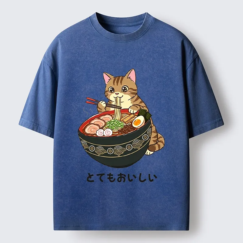 Tokyo-Tiger Cat Eat Delicious Hot Ramen Washed T-Shirt
