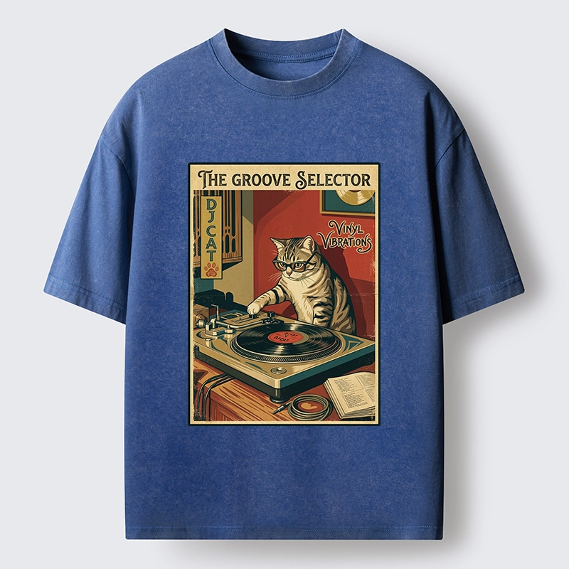 Tokyo-Tiger Retro DJ Cat Vinyl Record Art Washed T-Shirt