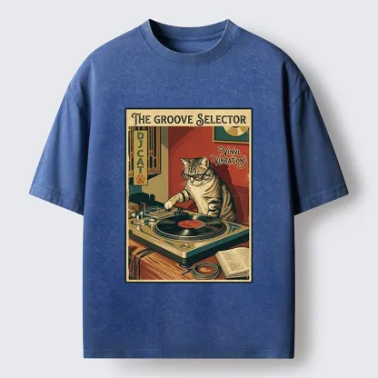 Tokyo-Tiger Retro DJ Cat Vinyl Record Art Washed T-Shirt