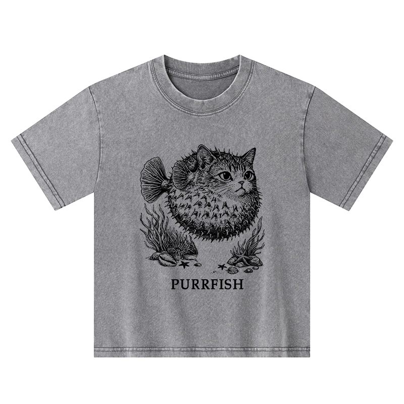 Tokyo-Tiger Spiky Puffer With Cute Cat Head Kids Washed T-Shirt