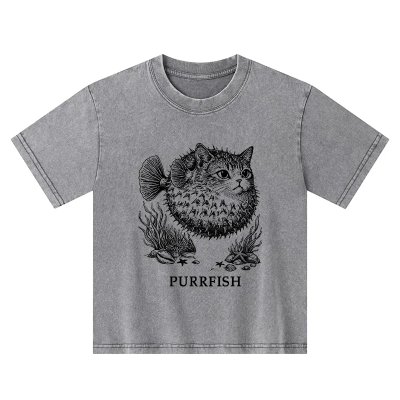 Tokyo-Tiger Spiky Puffer With Cute Cat Head Kids Washed T-Shirt