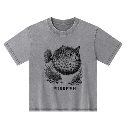 Tokyo-Tiger Spiky Puffer With Cute Cat Head Kids Washed T-Shirt