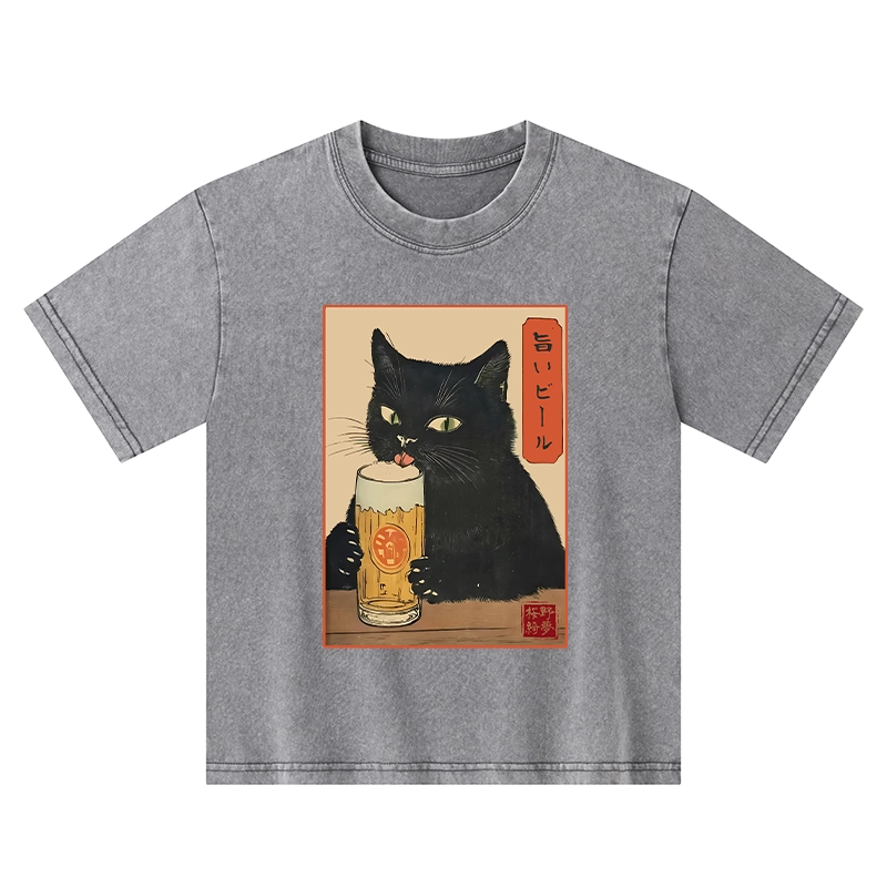 Tokyo-Tiger Cat Holding A Glass Of Beer Kids Washed T-Shirt