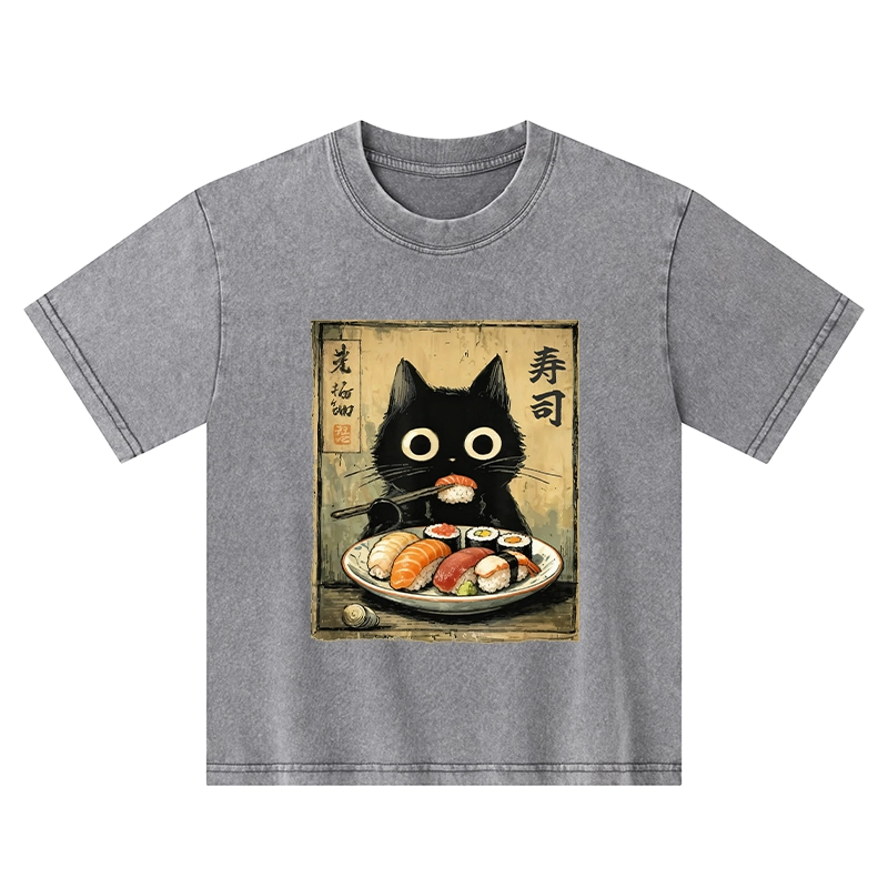 Tokyo-Tiger  Vintage Japanese Sushi Cat Kids Washed T-Shirt
