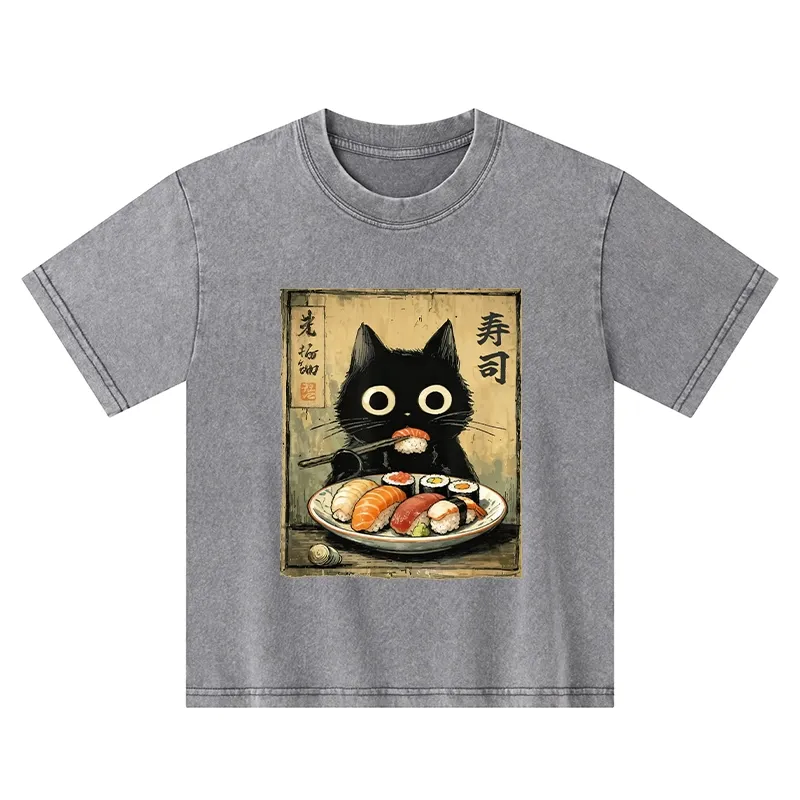 Tokyo-Tiger  Vintage Japanese Sushi Cat Kids Washed T-Shirt