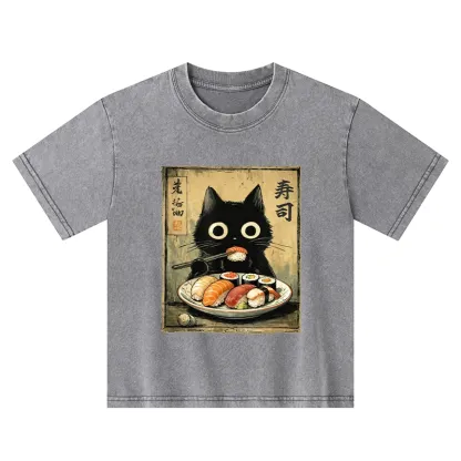 Tokyo-Tiger  Vintage Japanese Sushi Cat Kids Washed T-Shirt