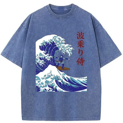 Tokyo-Tiger Funny Samurai Surf Washed T-Shirt