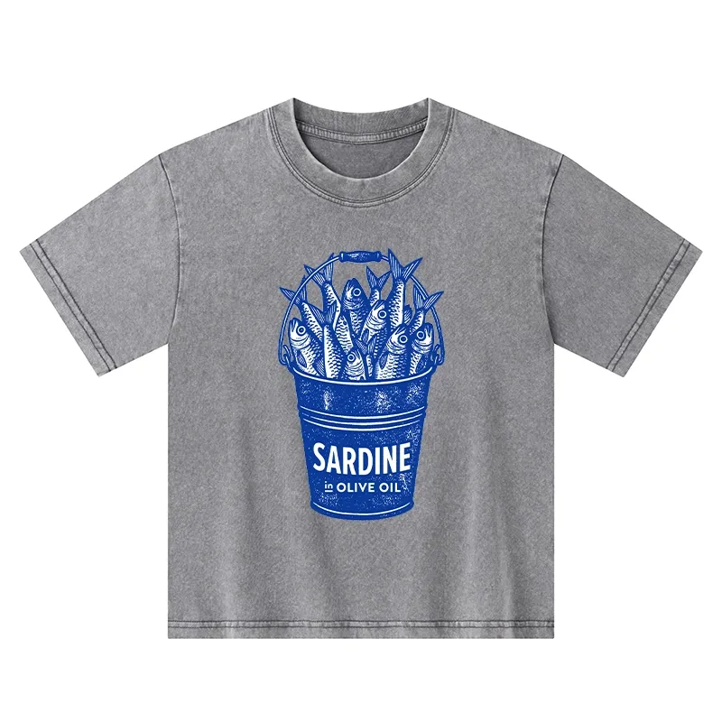 Tokyo-Tiger Vintage Bucket Full Of Fresh Sardines Kids Washed T-Shirt