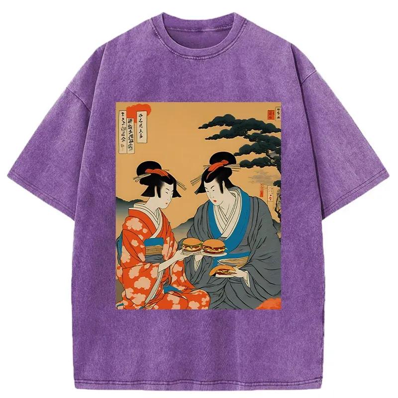 Tokyo-Tiger Geisha Eating Burgers Washed T-Shirt
