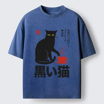 Tokyo-Tiger Black Cat Sips Daily Coffee Japanese Print Washed T-Shirt