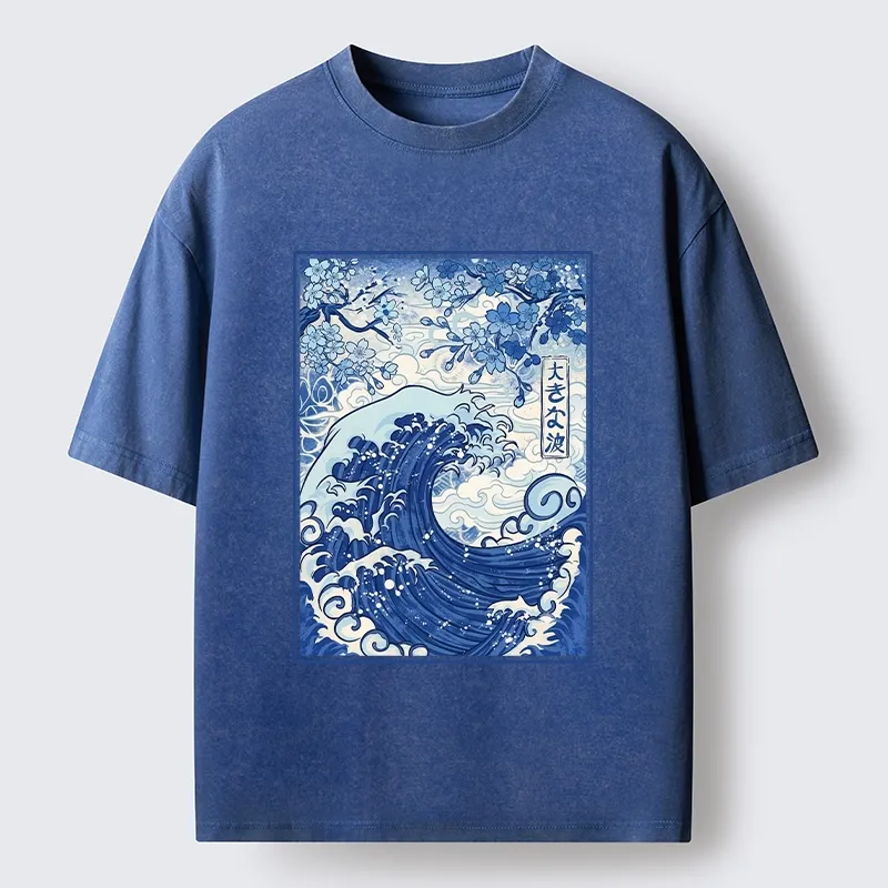 Tokyo-Tiger Vintage Japanese Wave Sakura Print Washed T-Shirt